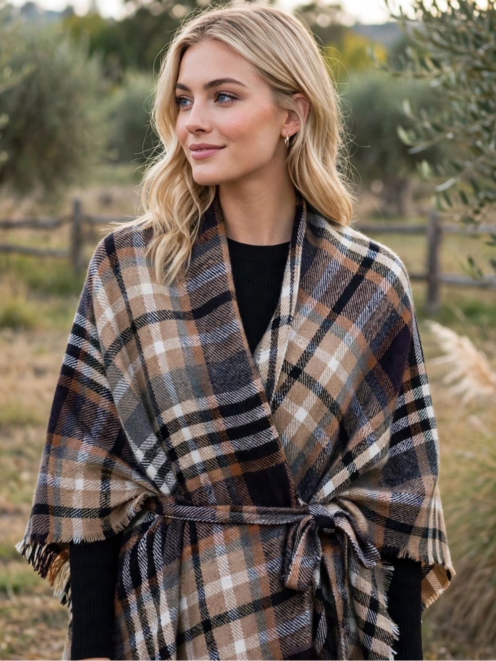 Steve Madden Plaid Fringe Wrap in Brown & Black